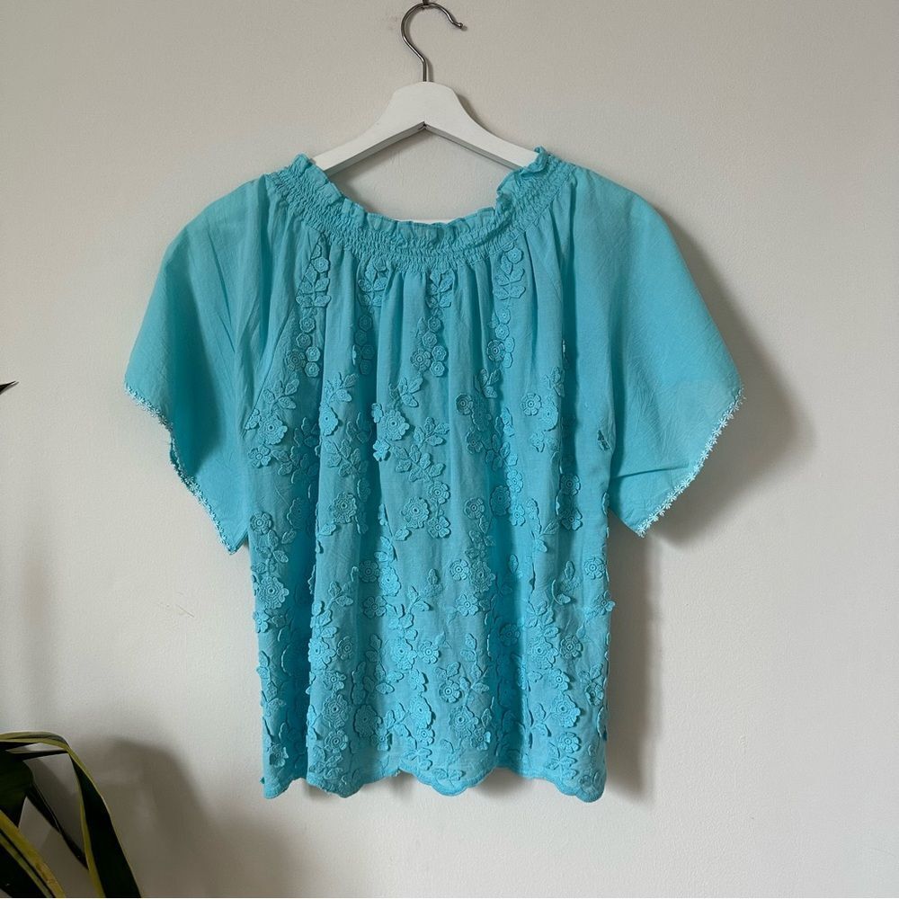 Valerie Khalfon Embroidered Top Turquoise Short Sleeve Floral Size 36 - Picture 2 of 8